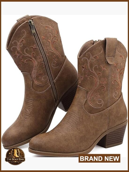 Shoes - Women's Western Ankle Boots with Embroidered Design and Side Zipper
